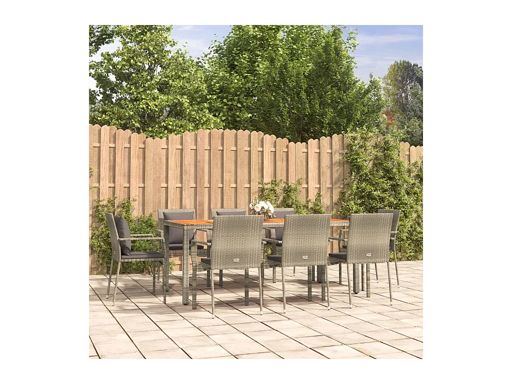 Ensemble à manger de jardin 9 pcs coussins gris résine tressée