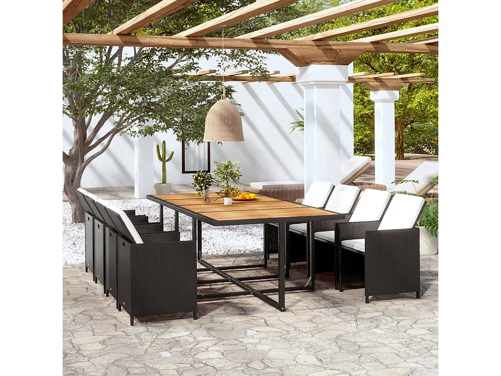 Set comedor de jardín 13 piezas y cojines ratán sintético negro