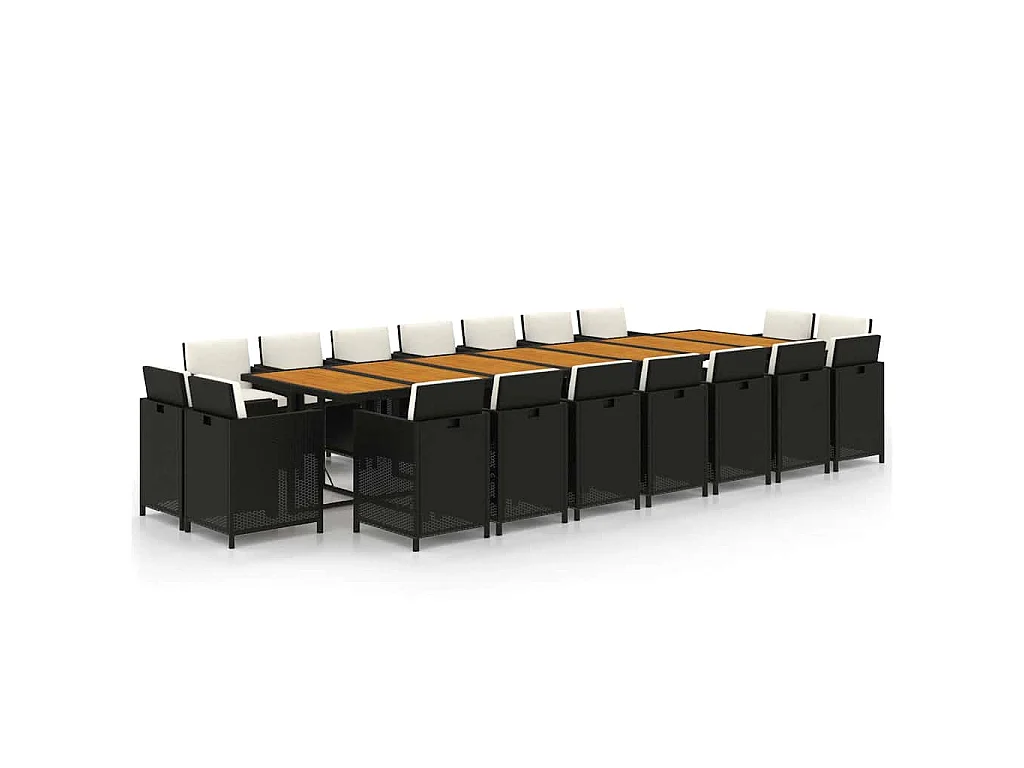 19 pcs conjunto jantar p/ jardim c/ almofadões vime PE preto