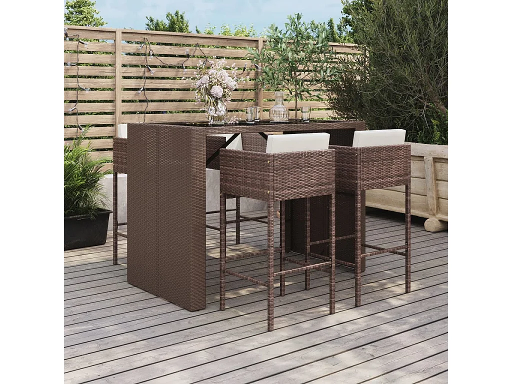 5-tlg. Gartenbar-Set mit Kissen Braun Poly Rattan