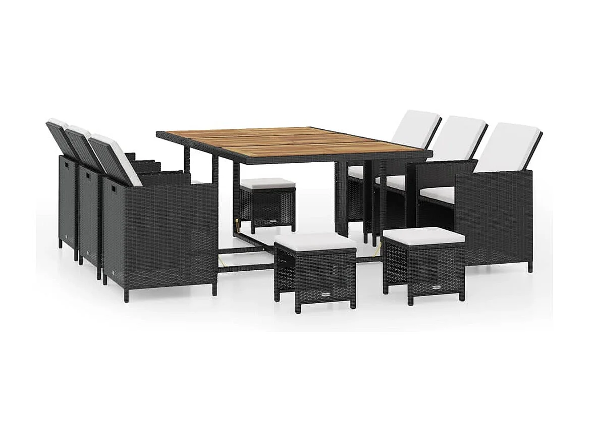 11-tlg. Garten-Essgruppe Poly Rattan Akazienholz Schwarz