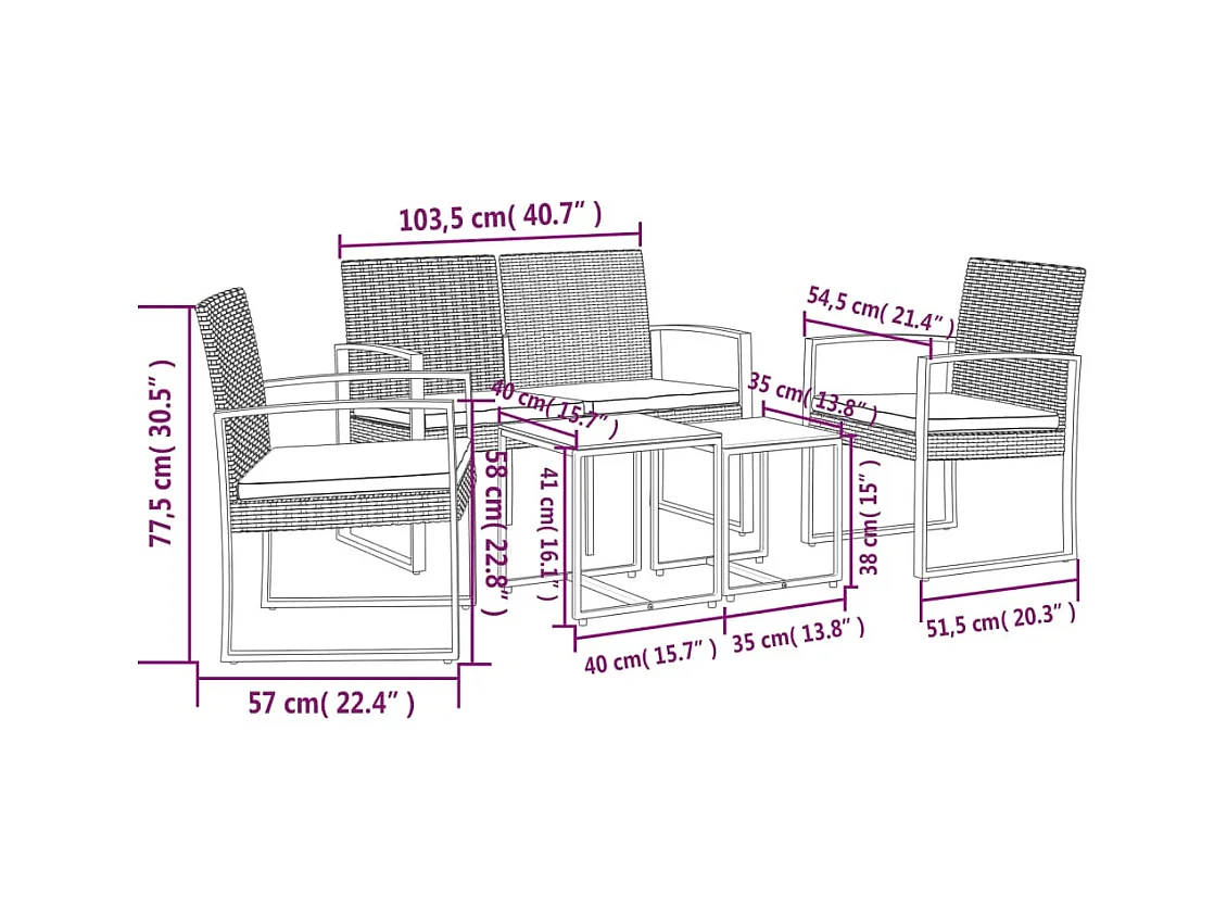 5-delige Tuinset met kussens polypropeen rattan donkergrijs
