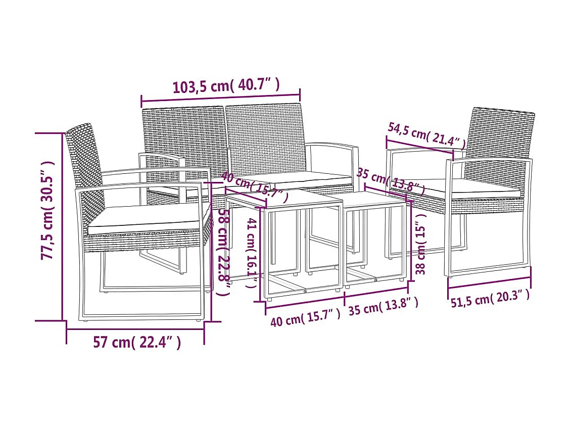 5-delige Tuinset met kussens polypropeen rattan donkergrijs