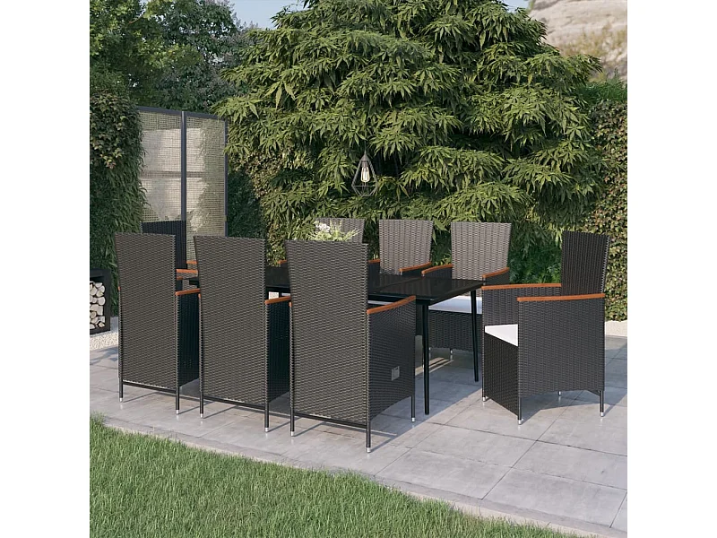 9 pcs conjunto de jantar para jardim com almofadões preto