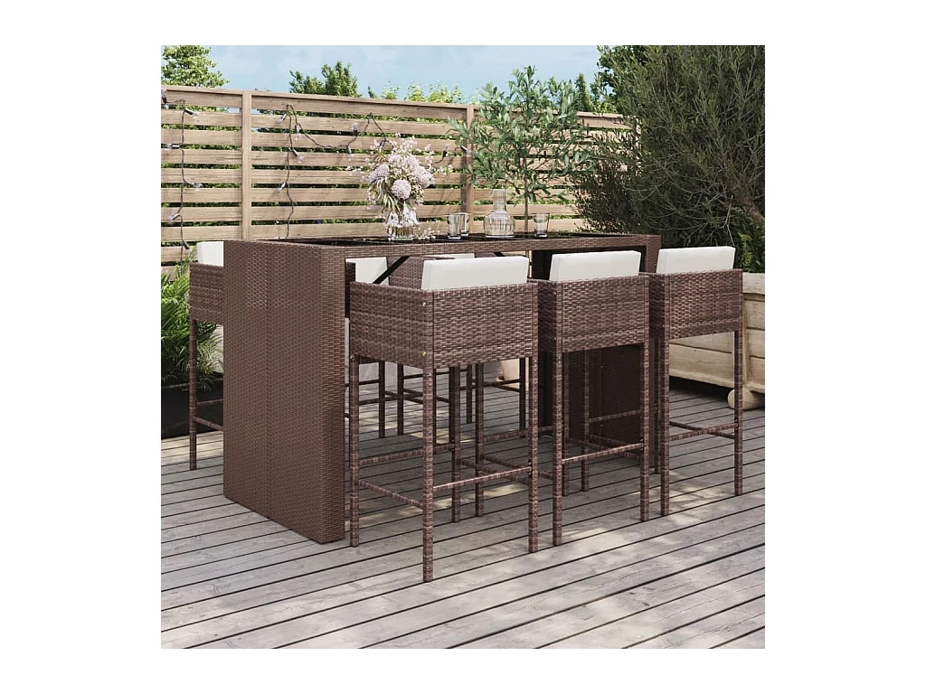 Ensemble de bar de jardin avec coussins 7 pcs marron poly rotin