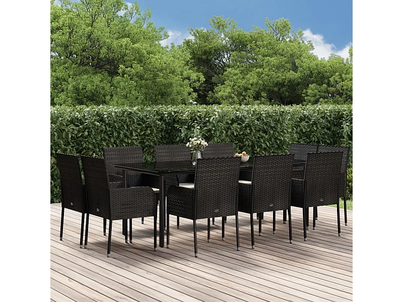 11-tlg. Garten-Essgruppe mit Kissen Schwarz Poly Rattan