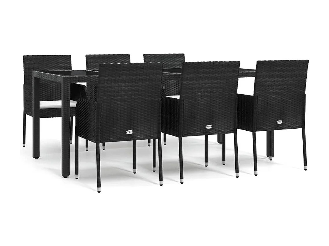 7 pcs conjunto de jantar p/ jardim c/ almofadões vime PE preto