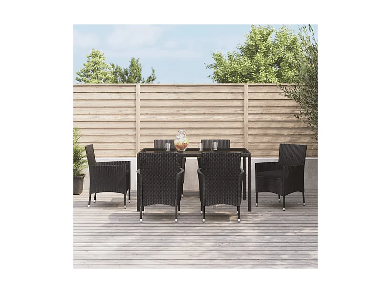 Ensemble à manger de jardin coussins 7pcs Noir Résine tressée