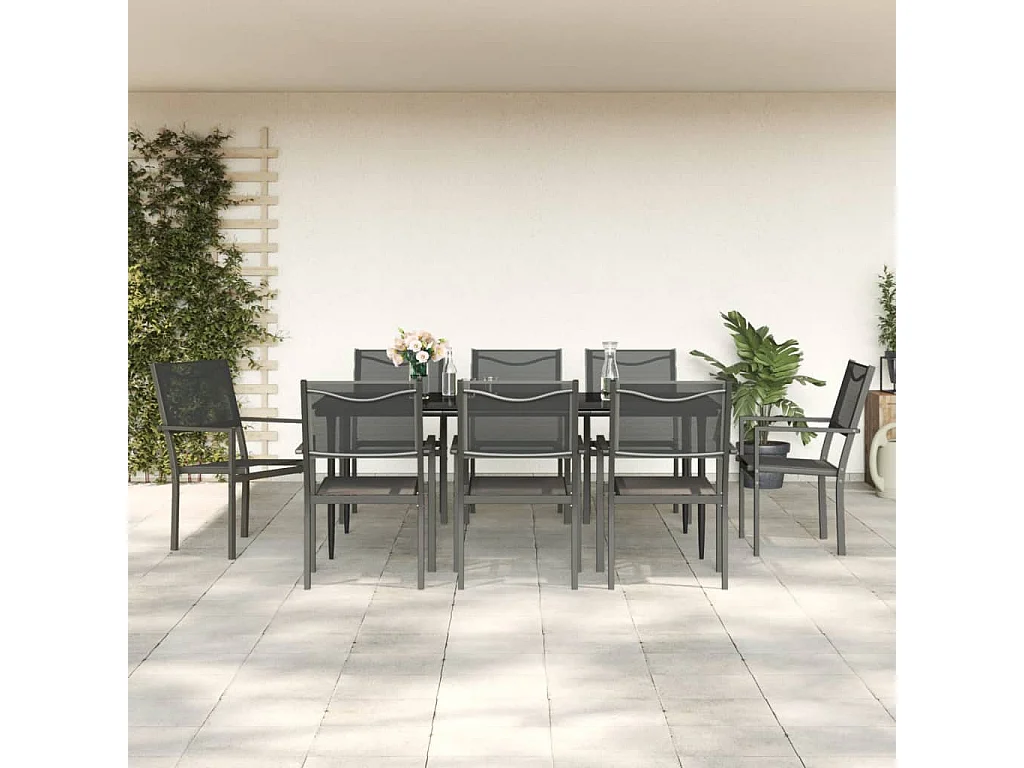 Ensemble à manger de jardin 9 pcs noir textilène et acier