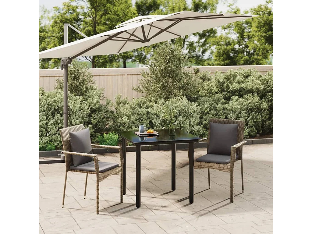 3-tlg. Garten-Essgruppe mit Kissen Schwarz und Grau Poly Rattan