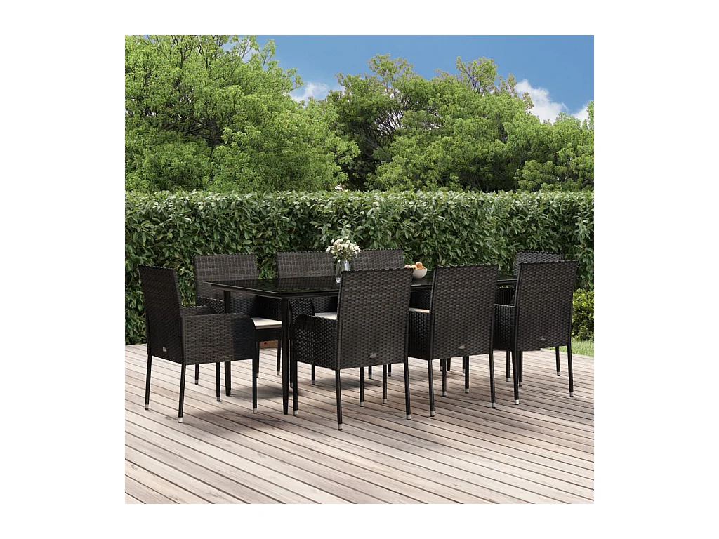 Set da Pranzo da Giardino 9 pz con Cuscini Nero in Polyrattan