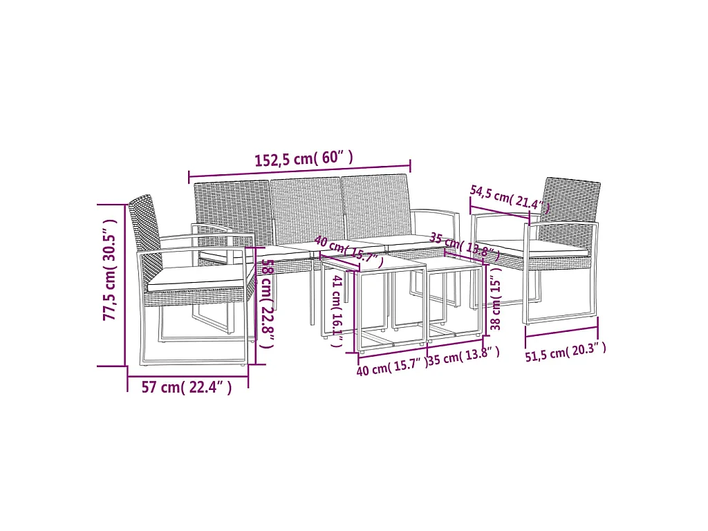 Ensemble à manger de jardin avec coussins 5 pcs marron rotin PP
