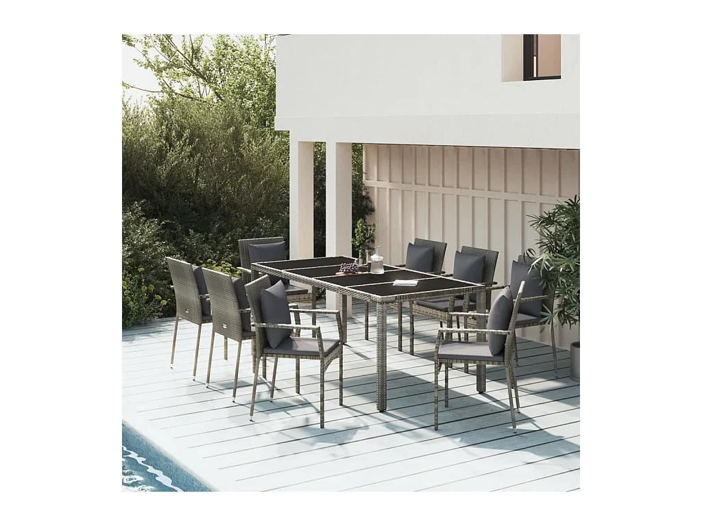 Ensemble à manger de jardin 9 pcs coussins gris résine tressée
