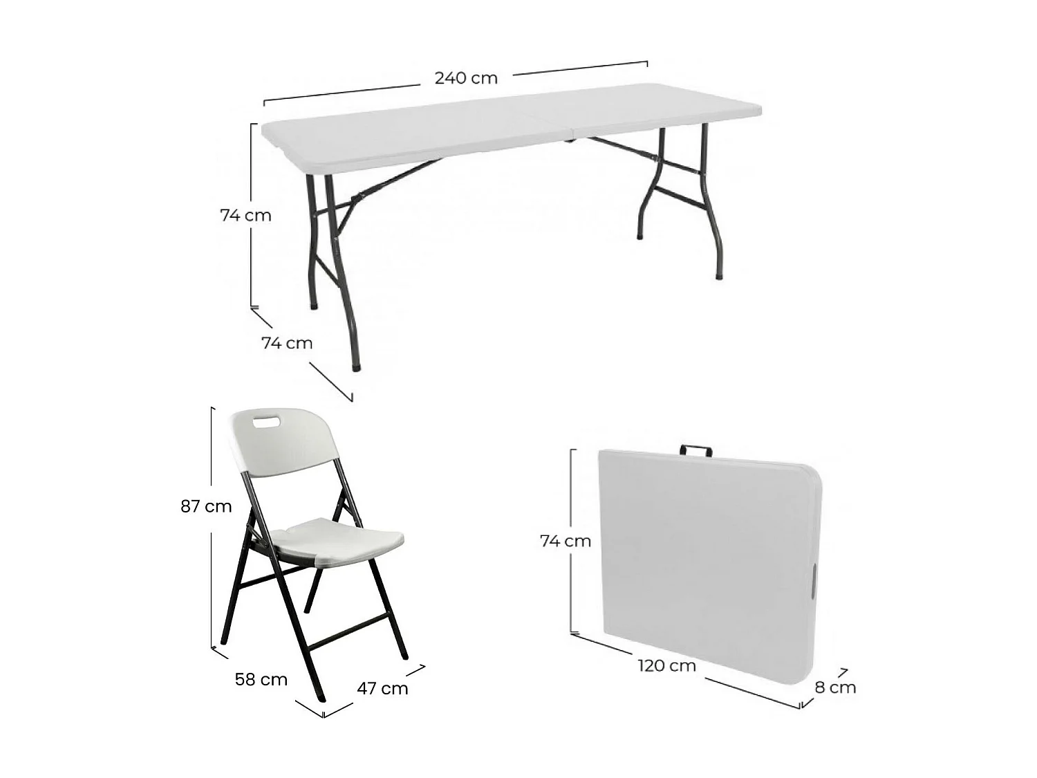Set Tavolo pieghevole 240 cm e 8 sedie con maniglia Bianco Catering O91