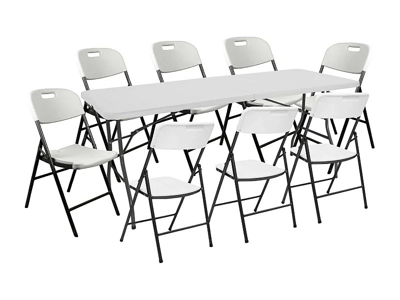 Set Tavolo pieghevole 240 cm e 8 sedie con maniglia Bianco Catering O91