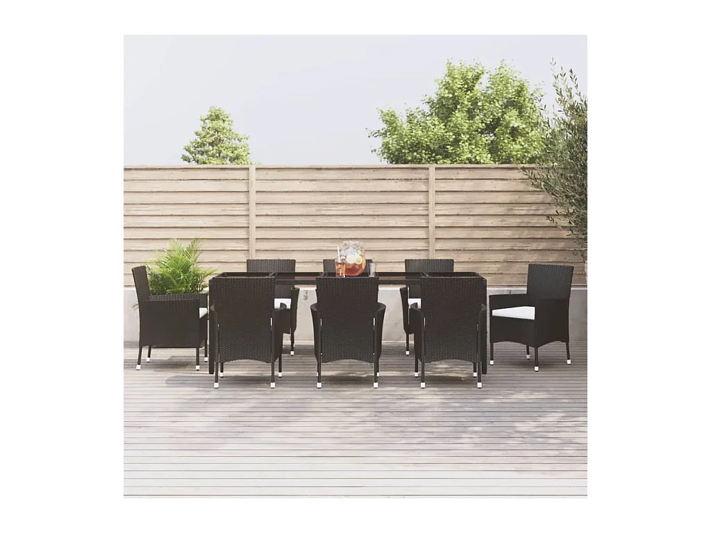Ensemble à manger jardin 9pcs et coussins noir résine tressée