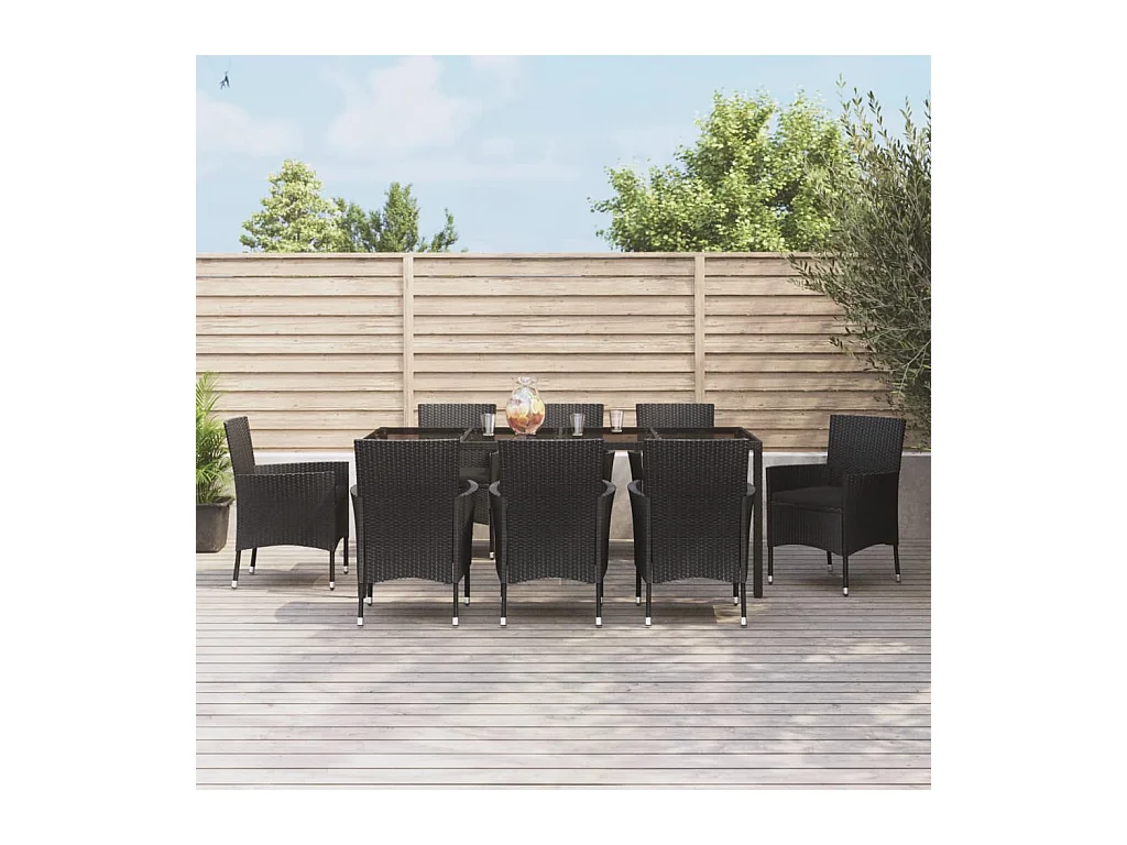 Ensemble à manger jardin 9pcs et coussins noir résine tressée