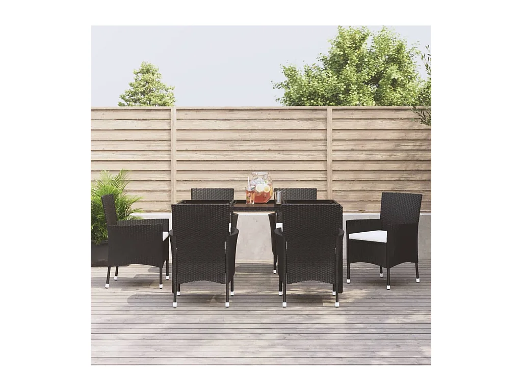 Ensemble à manger de jardin coussins 7pcs Noir Résine tressée