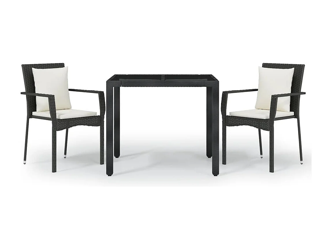 3-tlg. Garten-Essgruppe mit Kissen Schwarz Poly Rattan