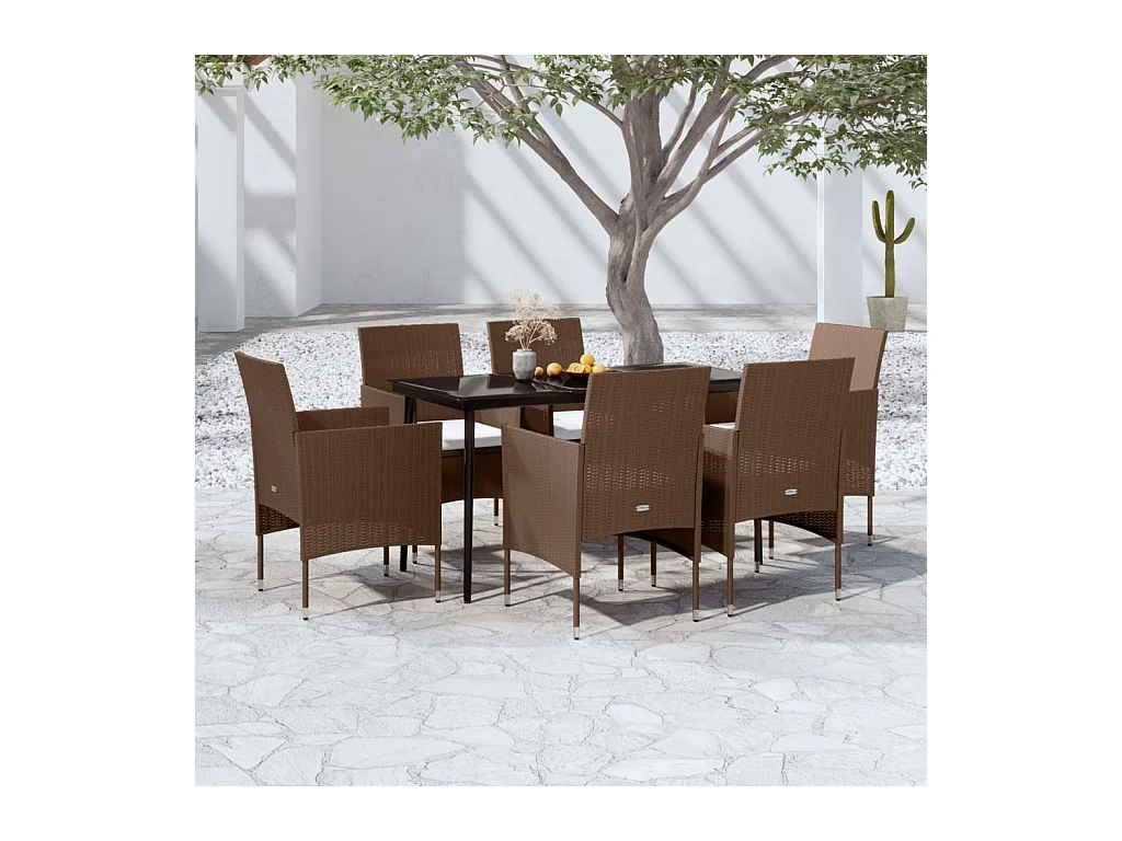 Ensemble à manger de jardin coussins 7 pcs Marron/noir