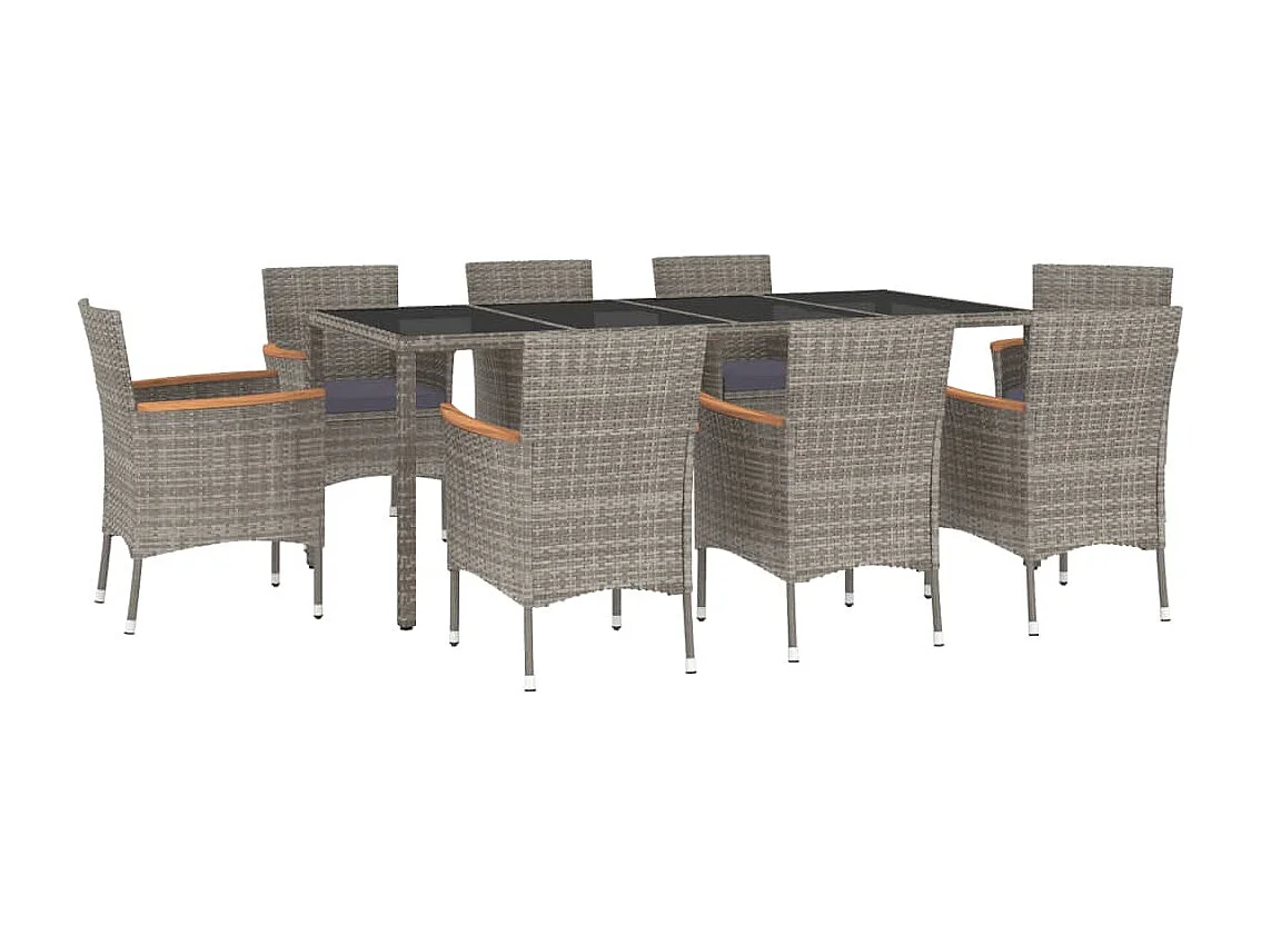 Set da Pranzo da Giardino 9 pz con Cuscini in Polyrattan Grigio