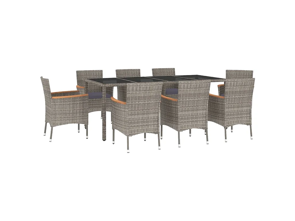 Set da Pranzo da Giardino 9 pz con Cuscini in Polyrattan Grigio