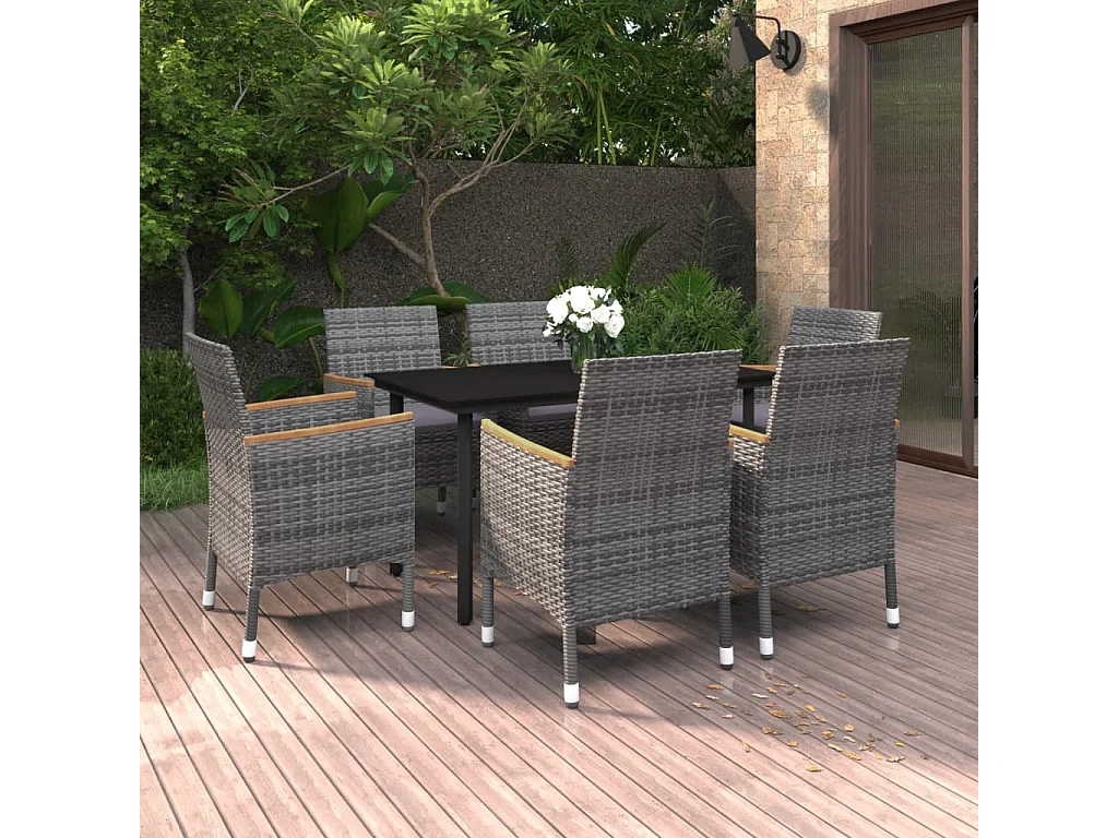 Ensemble à dîner de jardin coussins 7 pcs Résine tressée Verre