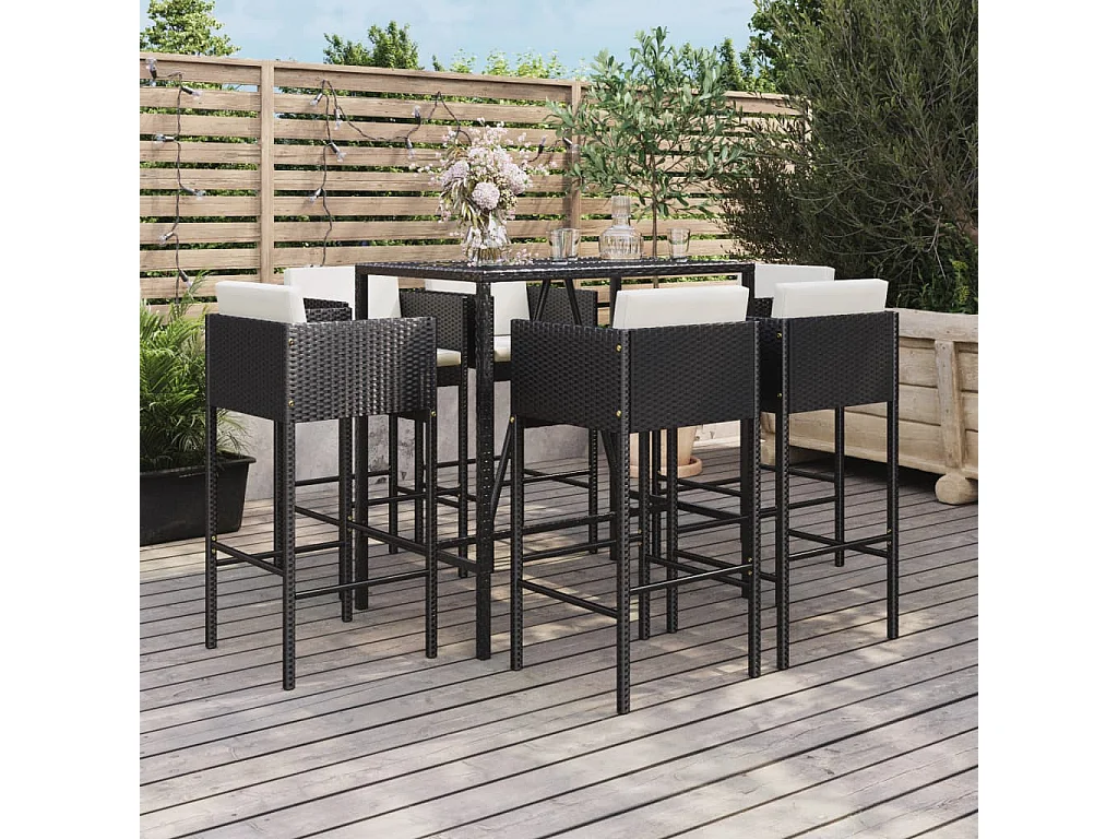 7-tlg. Gartenbar-Set mit Kissen Schwarz Poly Rattan