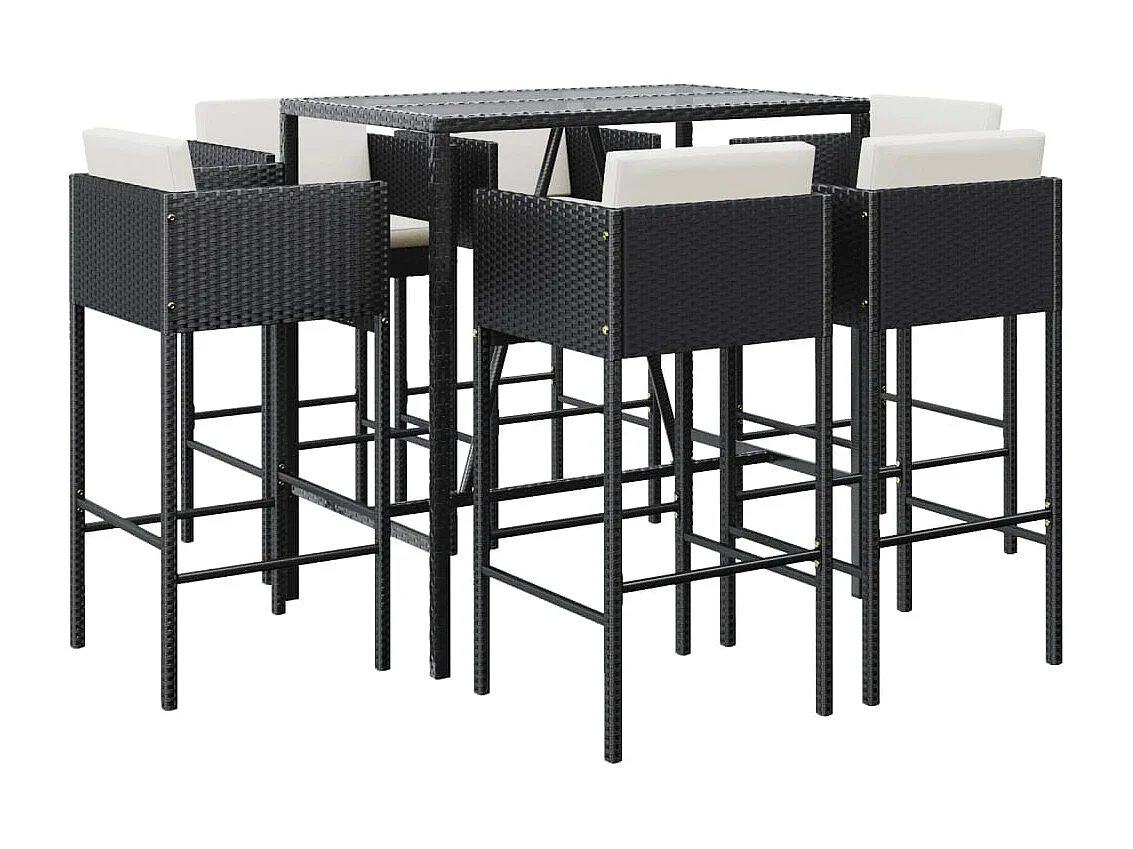 7-tlg. Gartenbar-Set mit Kissen Schwarz Poly Rattan