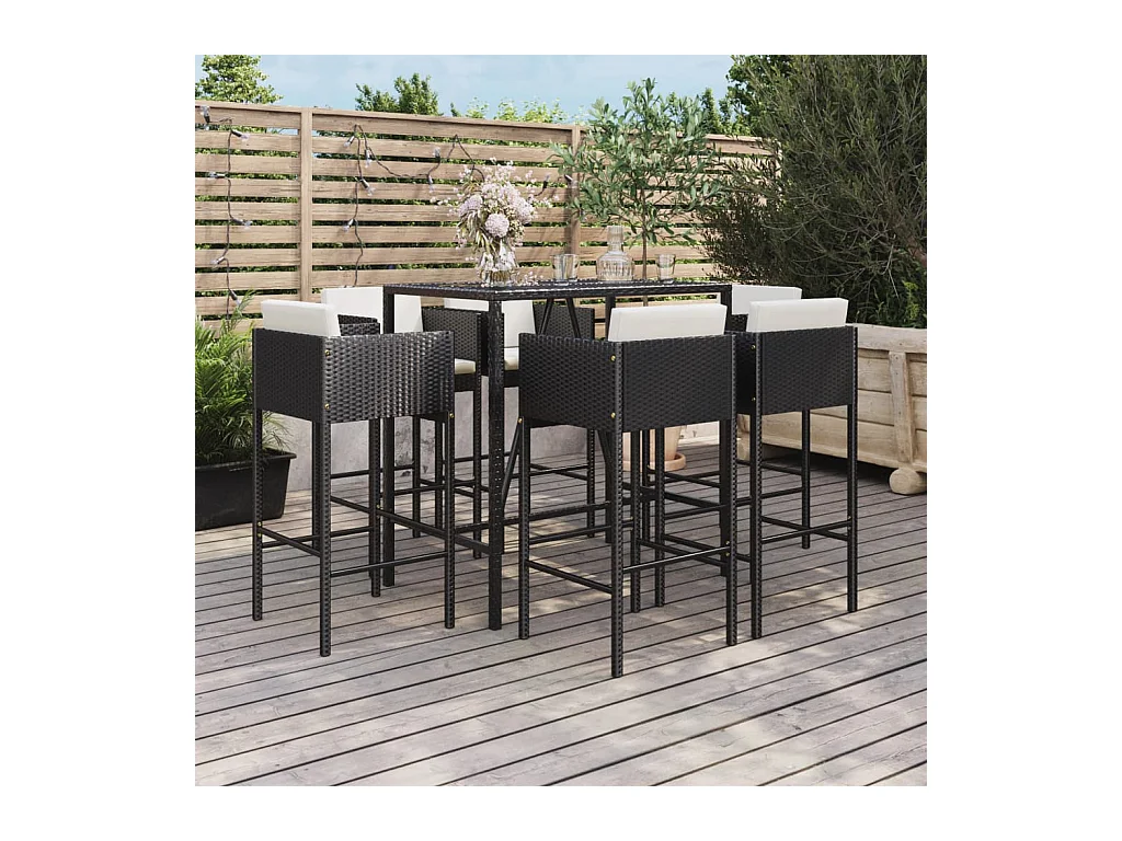 Ensemble de bar de jardin 7 pcs avec coussins noir poly rotin