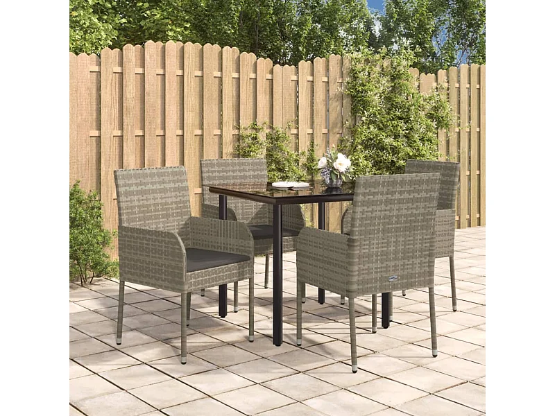Set da Pranzo Giardino 5pz Nero e Grigio con Cuscini Polyrattan