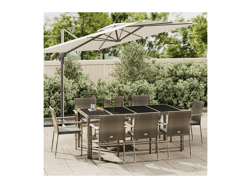 Ensemble à manger de jardin 9 pcs coussins gris résine tressée