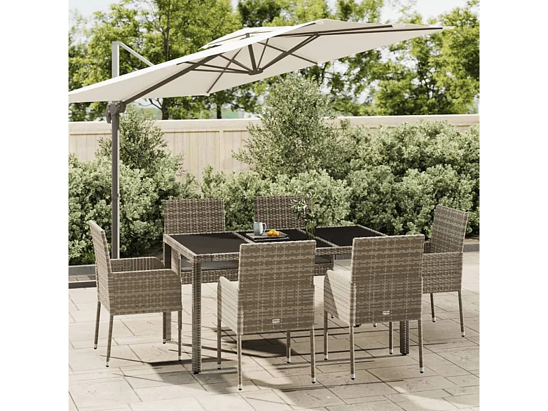 Set da Pranzo da Giardino 7 pz con Cuscini in Polyrattan Grigio