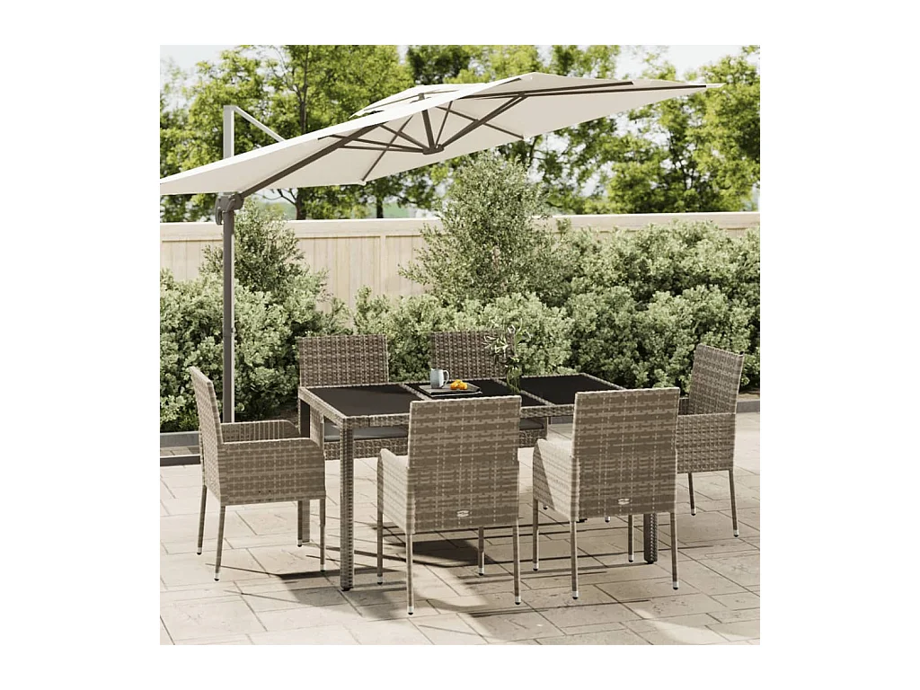 Ensemble à manger jardin et coussins 7 pcs gris rotin