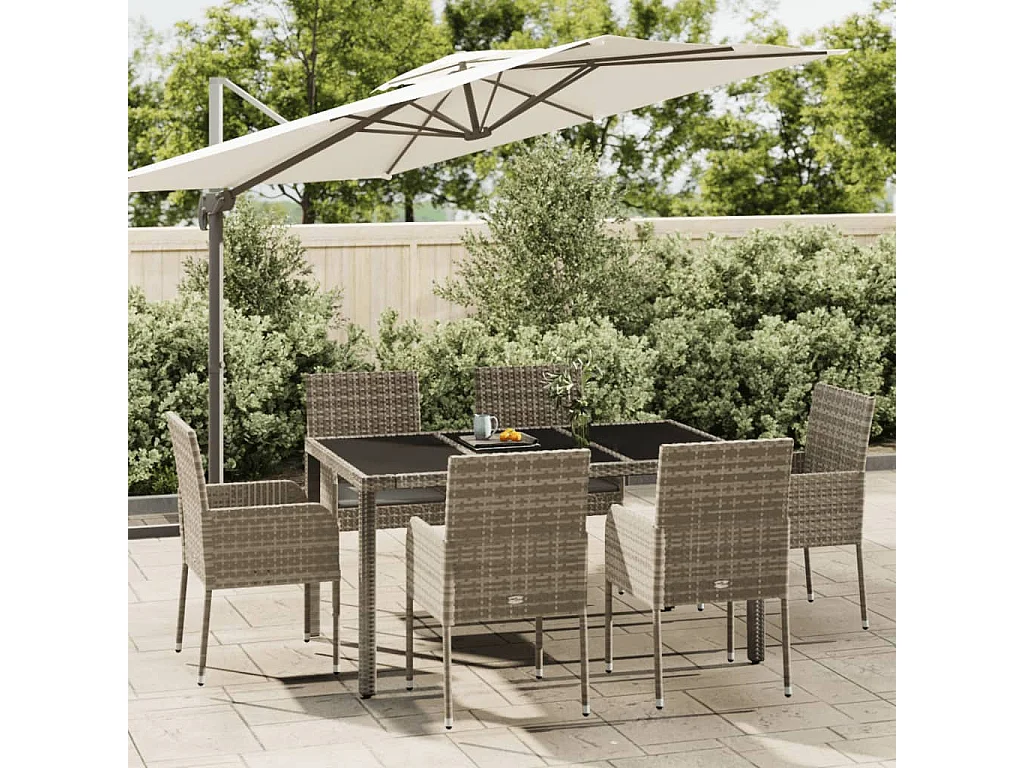 Ensemble à manger jardin et coussins 7 pcs gris rotin