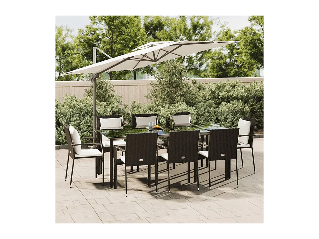 Set da Pranzo da Giardino 9 pz con Cuscini Nero in Polyrattan