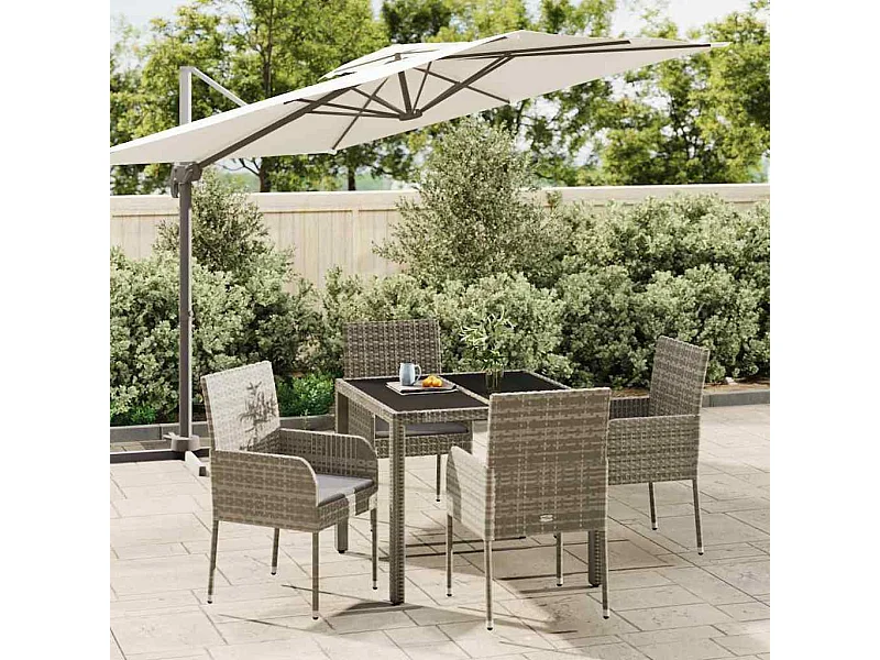 5 pcs conjunto de jantar p/ jardim c/ almofadões vime PE cinza