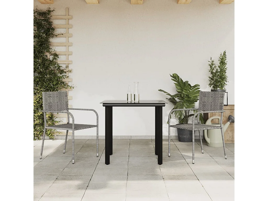 3-tlg. Garten-Essgruppe Grau und Schwarz Poly Rattan und Stahl