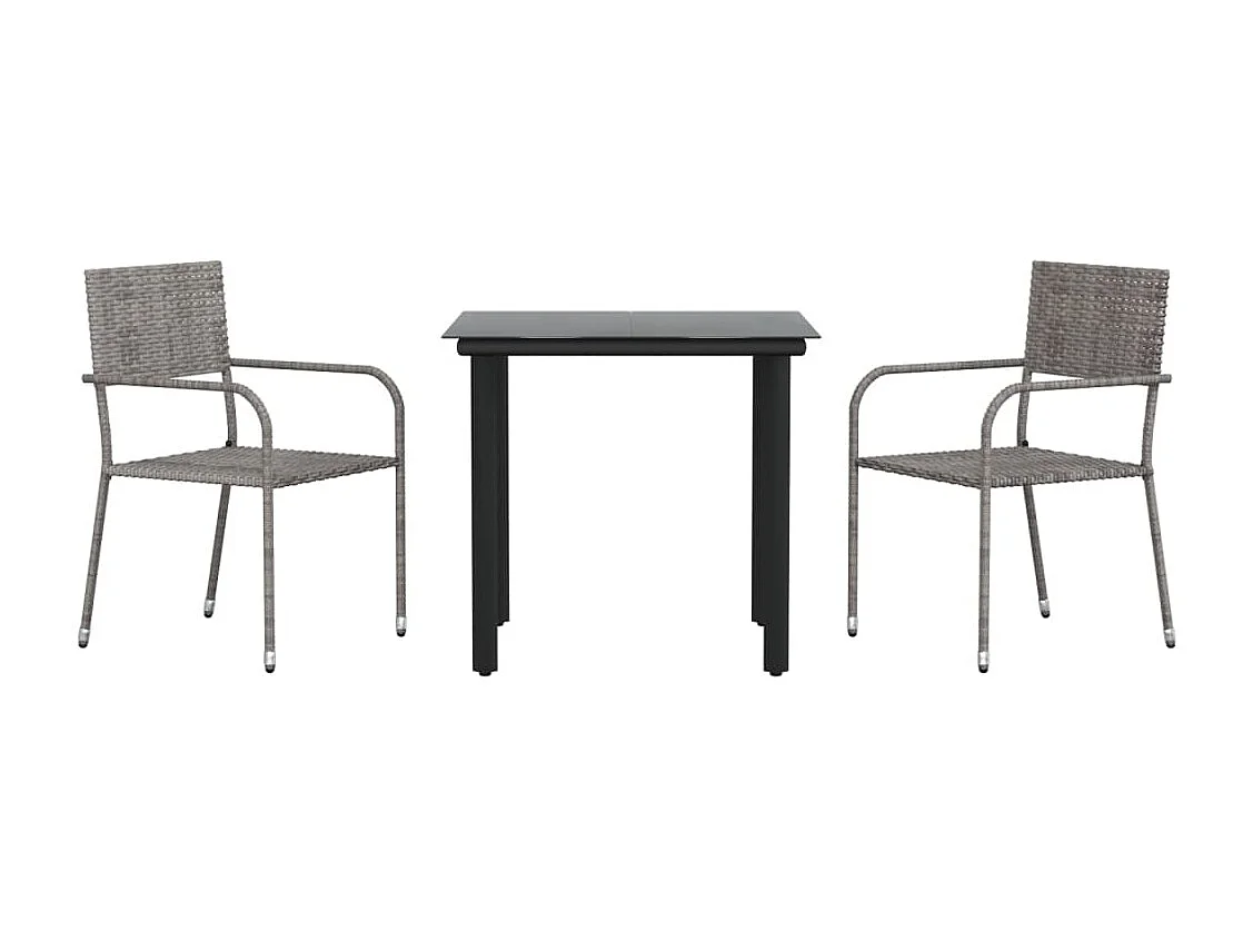 3-tlg. Garten-Essgruppe Grau und Schwarz Poly Rattan und Stahl