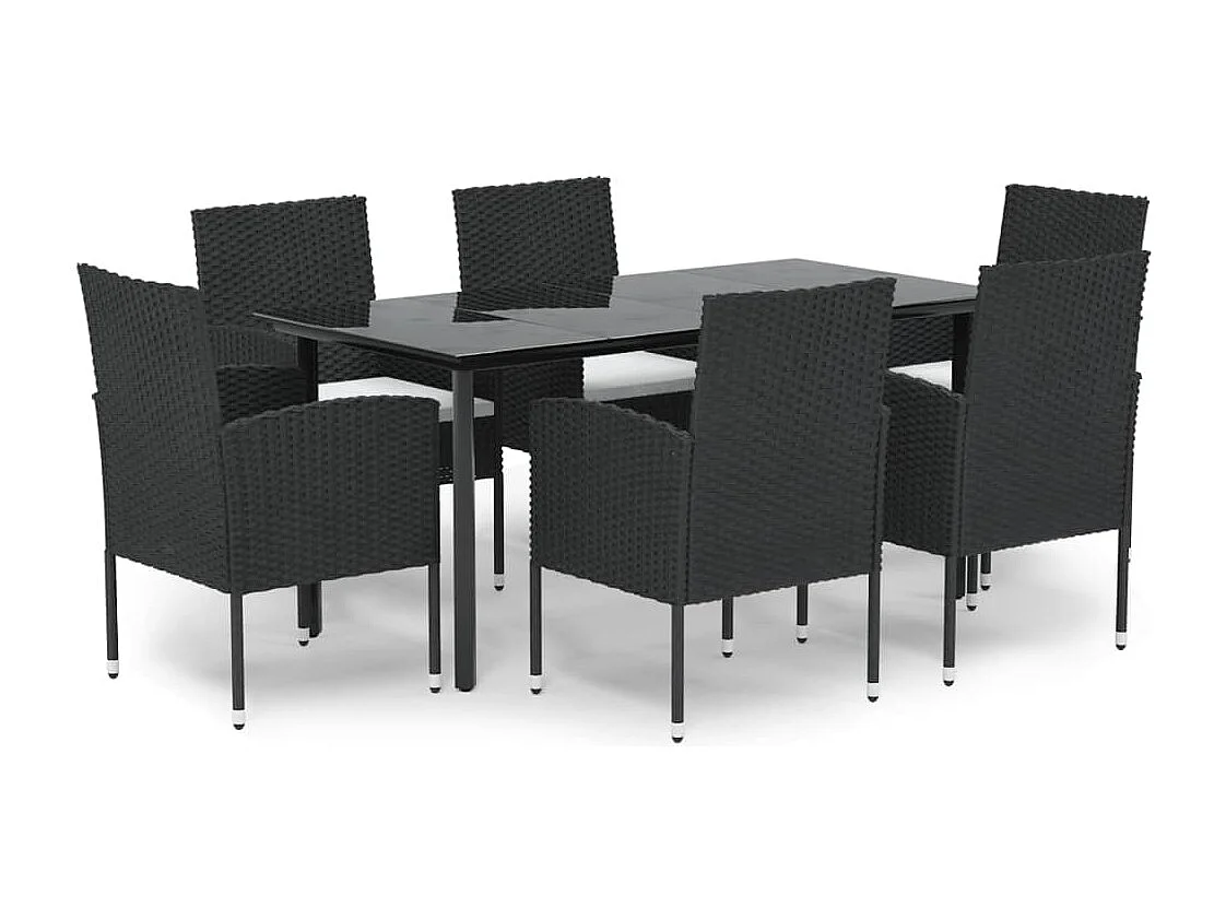 7-tlg. Garten-Essgruppe mit Kissen Schwarz Poly Rattan
