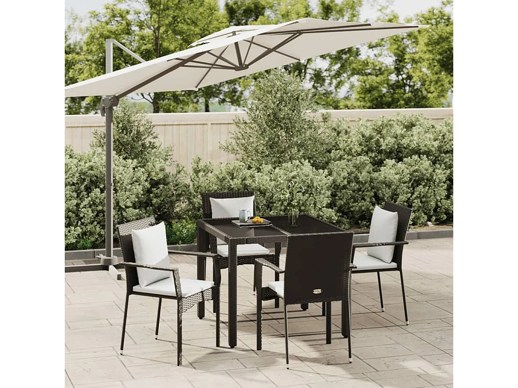 5 pcs conjunto de jantar p/ jardim c/ almofadões vime PE preto