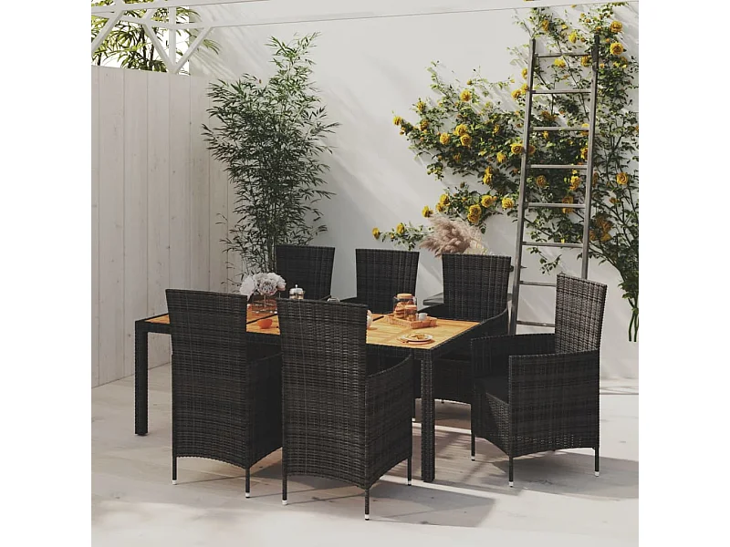 Set da Pranzo da Giardino 7 pz con Cuscini in Polyrattan Nero