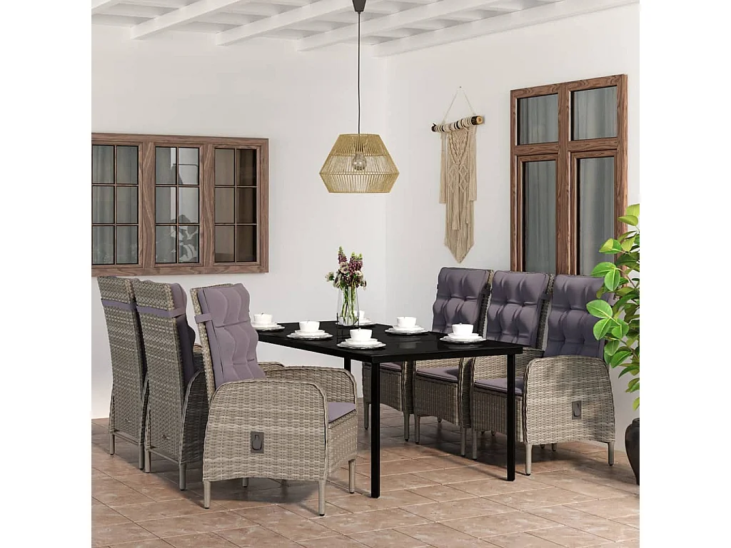 7-delige Tuinset met kussens grijs en zwart