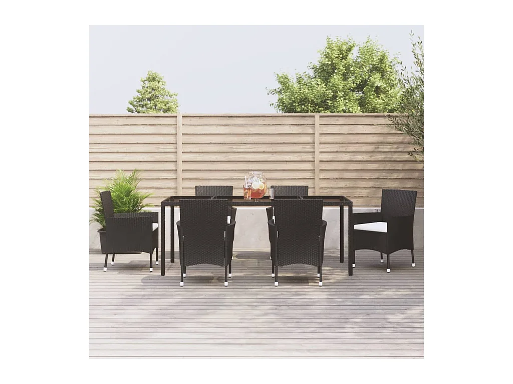 Ensemble à manger de jardin coussins 7pcs Noir Résine tressée