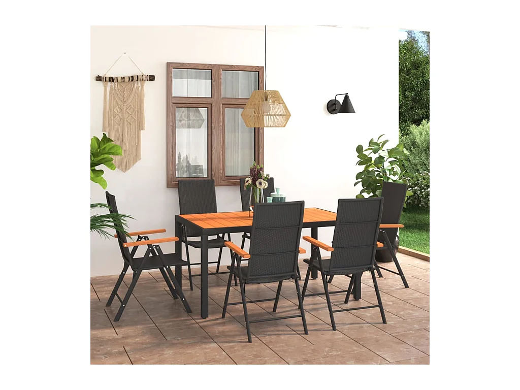 Ensemble à manger de jardin 7 pcs noir et marron
