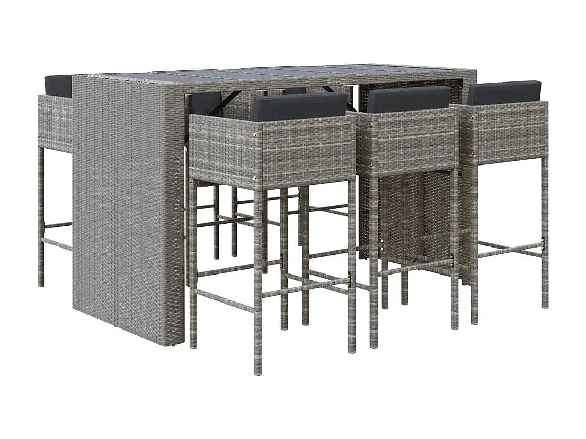 7-tlg. Gartenbar-Set mit Kissen Grau Poly Rattan