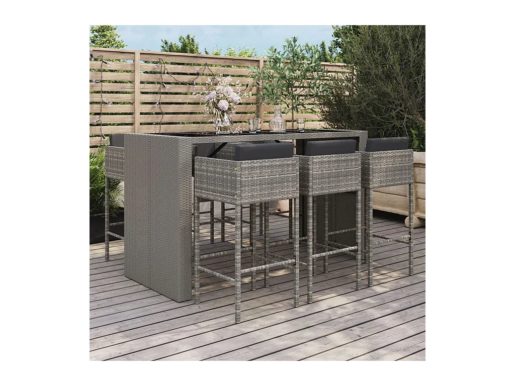 Ensemble de bar de jardin 7 pcs avec coussins gris poly rotin