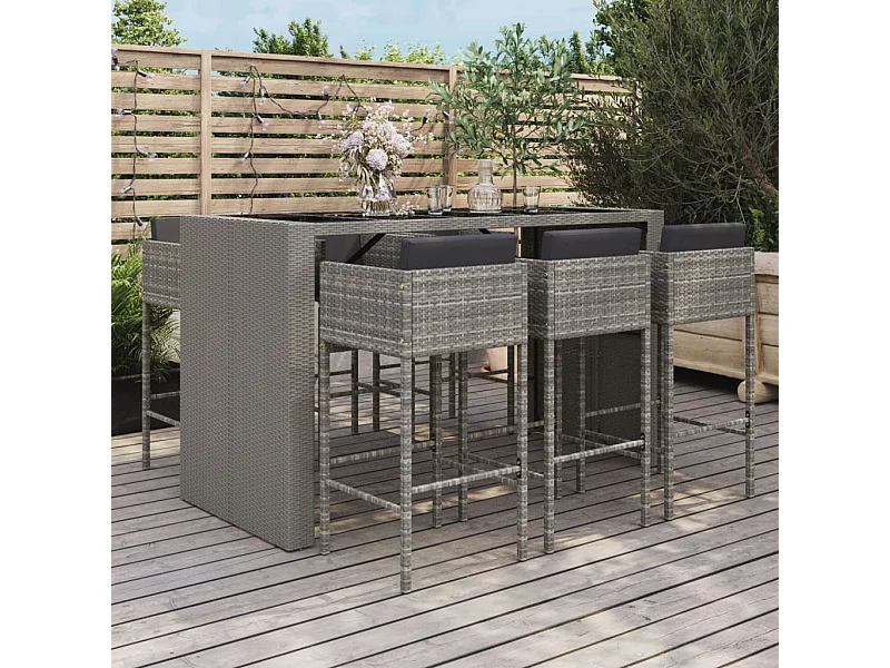 Set Bar da Giardino 7 pz con Cuscini in Polyrattan Grigio