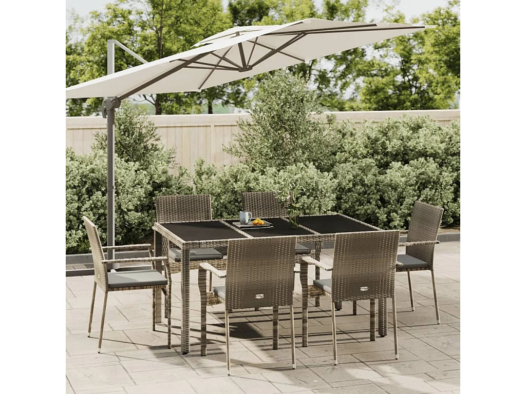 Ensemble à manger jardin et coussins 7 pcs gris rotin