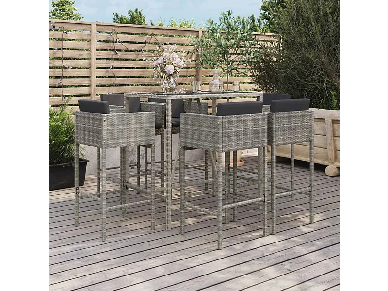 Set Bar da Giardino 7 pz con Cuscini in Polyrattan Grigio